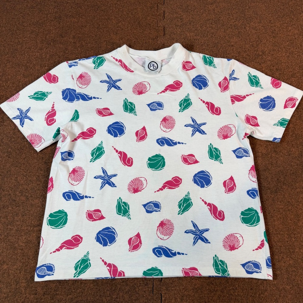 Vintage Pb Collections Seashell Starfish Print T-Shirt White Pink Blue Green L